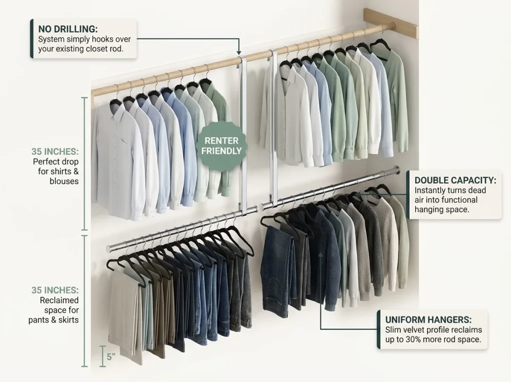 Infographic demonstrating a no-drill double rod extender doubling closet hanging space for shirts and pants