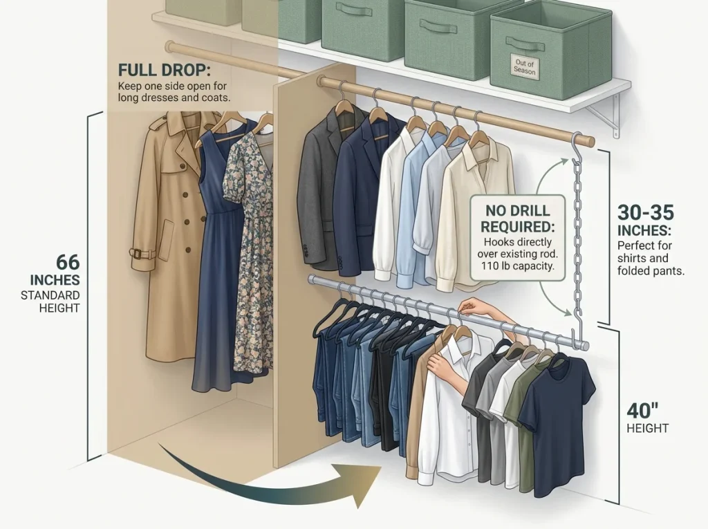 Infographic showing a closet utilizing a double rod system to double hanging capacity for shorter garments