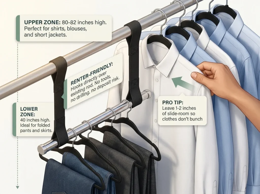 Infographic showing reach-in closet double-rod setup with upper shirt zone, lower pant zone, and hanging measurements