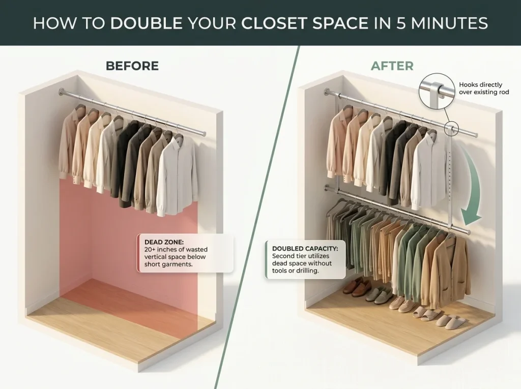 Infographic comparing a single closet rod setup with dead space to a double rod installation showing doubled hanging capacity