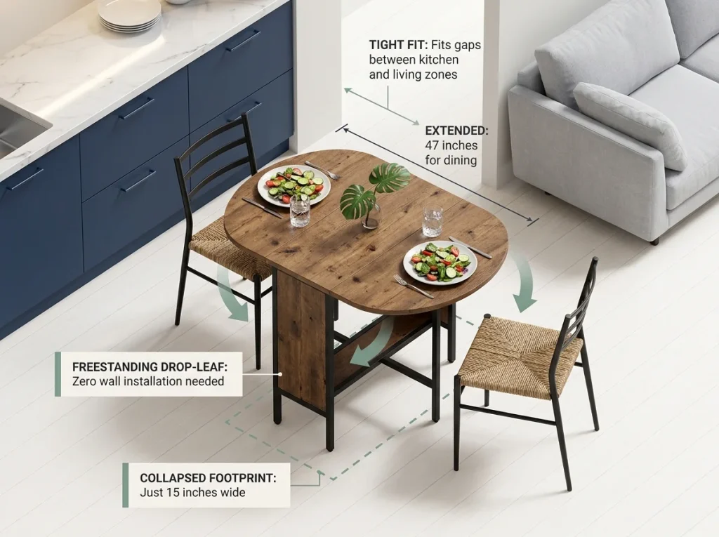 Infographic showing an extended drop-leaf dining table with two chairs positioned in a narrow apartment gap