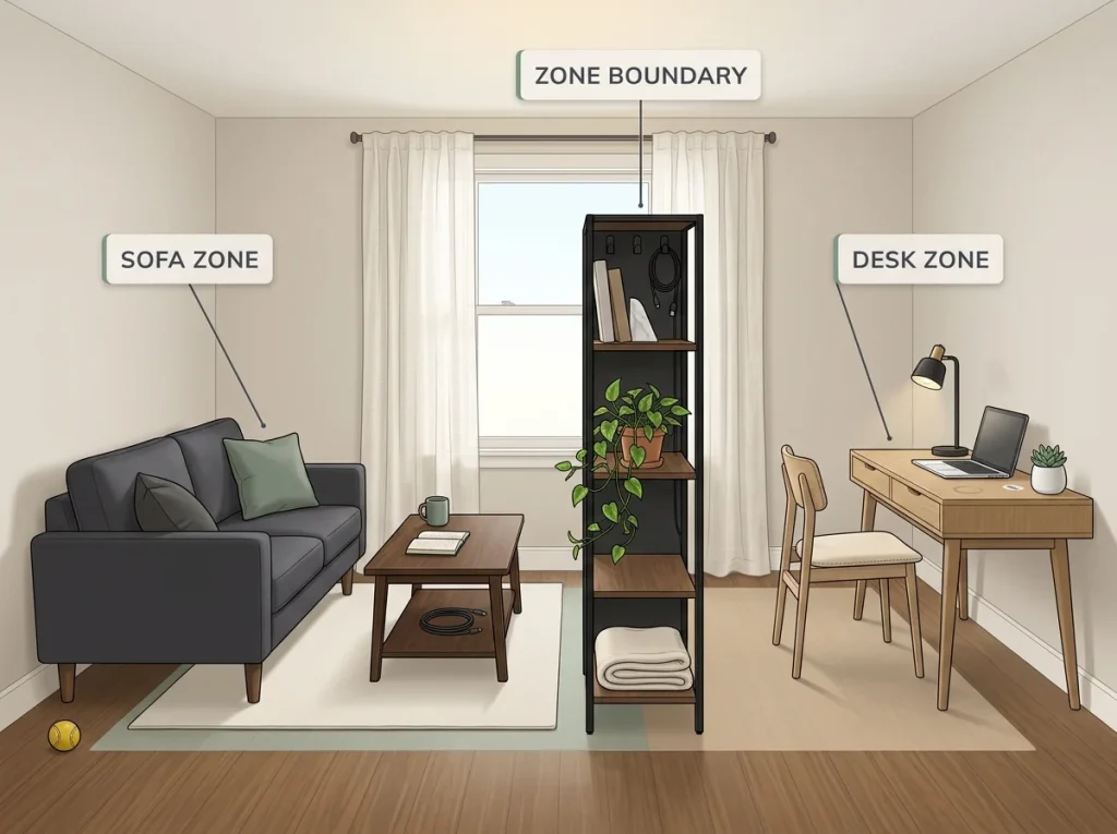 Small apartment living room split into sofa zone and desk zone by narrow freestanding bookshelf, center window lighting both areas equally