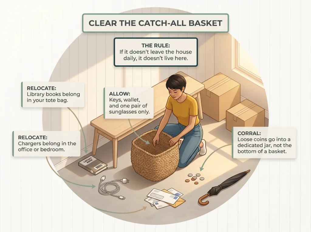 Infographic showing how to declutter an entryway catch-all basket with labeled relocation categories