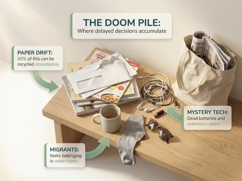 Infographic showing the anatomy of an entryway doom pile with labeled clutter categories and sorting tips