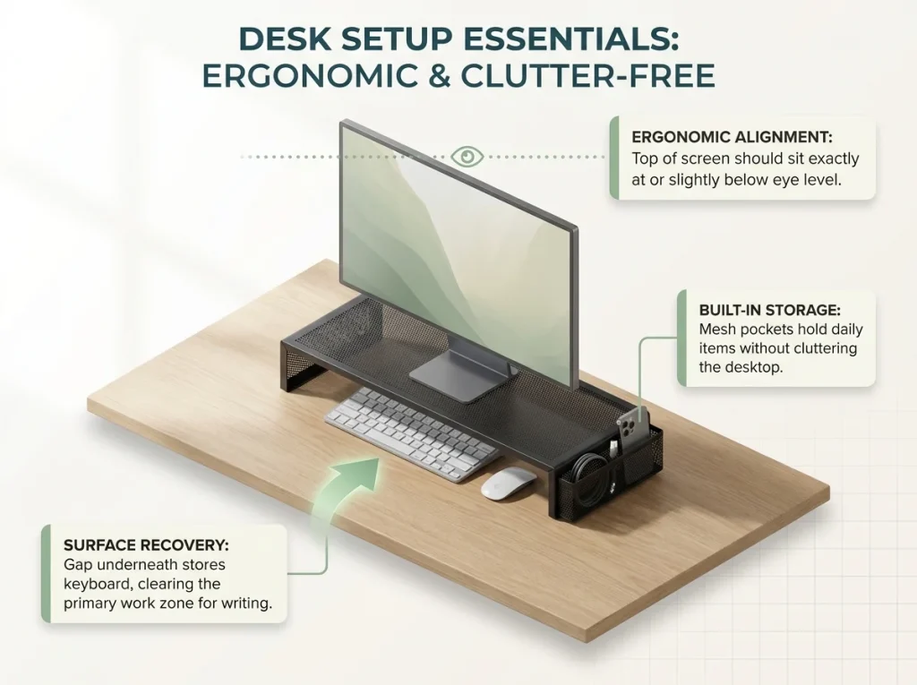 Infographic showing an ergonomic monitor riser setup with labeled eye-level height and keyboard storage space