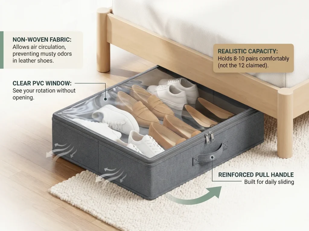 Infographic showing a breathable fabric under-bed shoe organizer pulled halfway out, with labeled capacity and breathable material notes