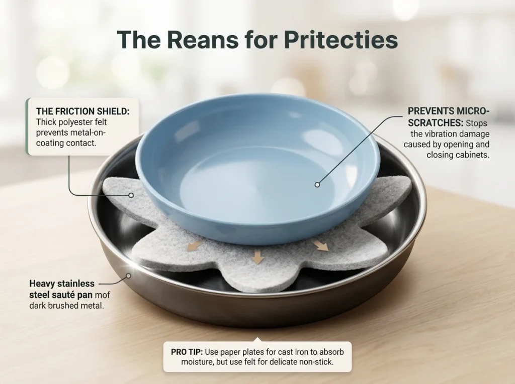 Infographic macro close-up of stacked cookware with felt pan protectors preventing scratches on non-stick surfaces