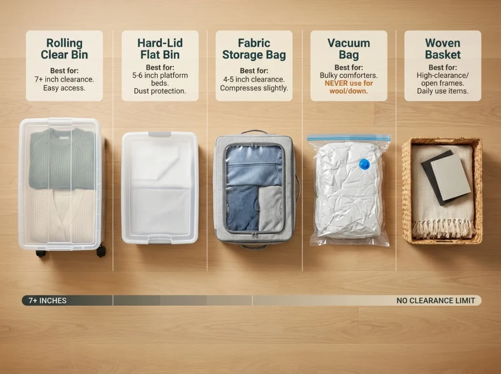 Infographic showing an overhead flat-lay of 5 under-bed storage types including rolling bin, fabric bag, and vacuum bag