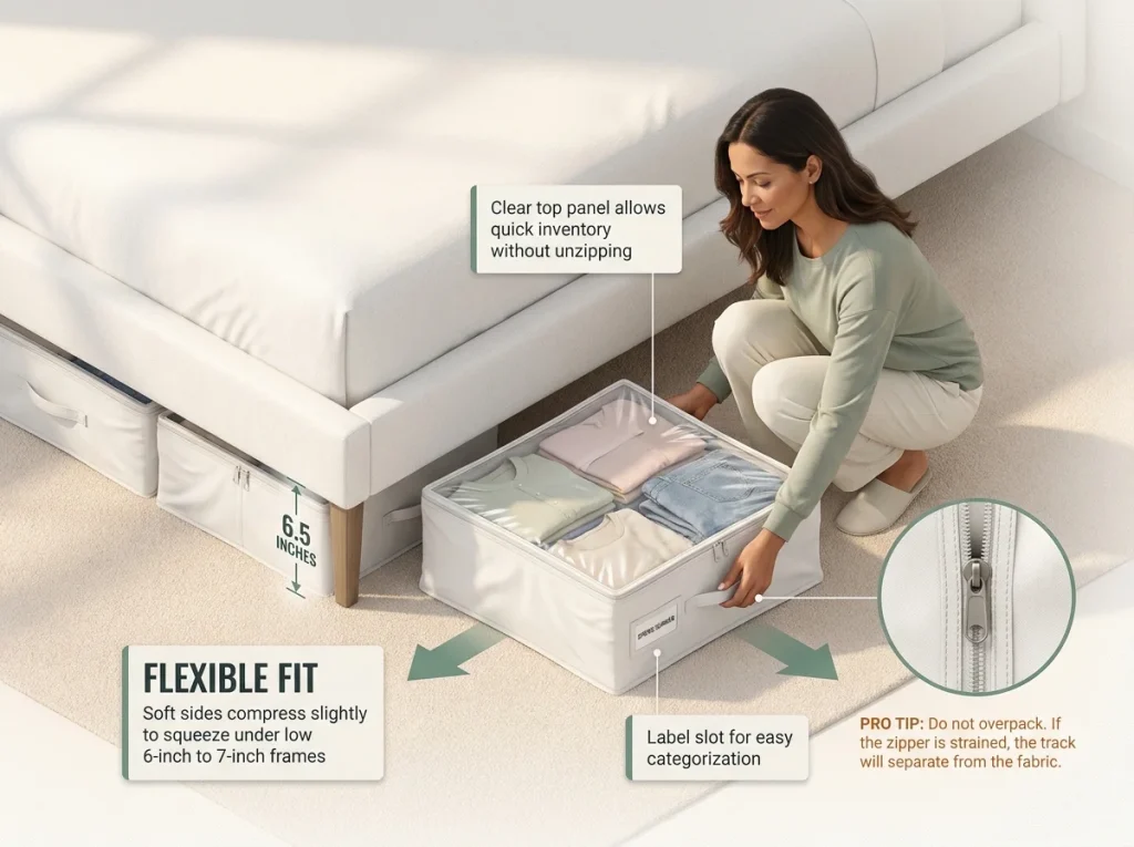 Infographic showing flat fabric storage bags under a platform bed with labeled flexible sides, reinforced handles, and clear viewing panels