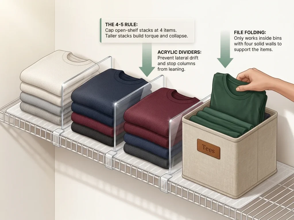 Why Your Closet Shelf Piles Keep Falling Over 6 Infographic showing proper flat folding for open closet shelves with acrylic dividers and wire shelf liner