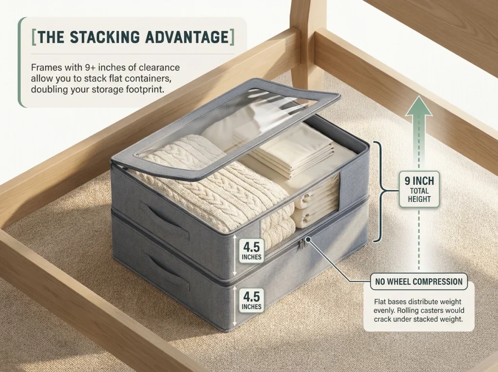 Infographic showing two stacked flat under-bed storage containers holding bedding with high clearance frame labels.