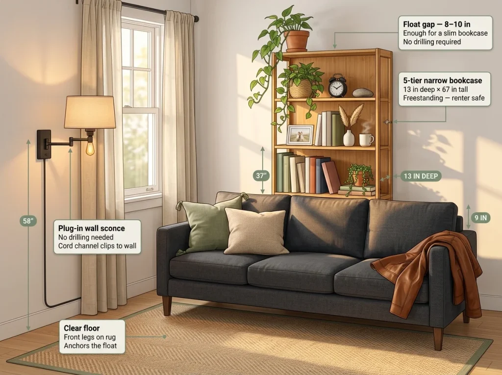 Infographic showing small living room with floating sofa, narrow 5-tier bookcase behind it, plug-in wall sconce, and clear floor in warm afternoon light
