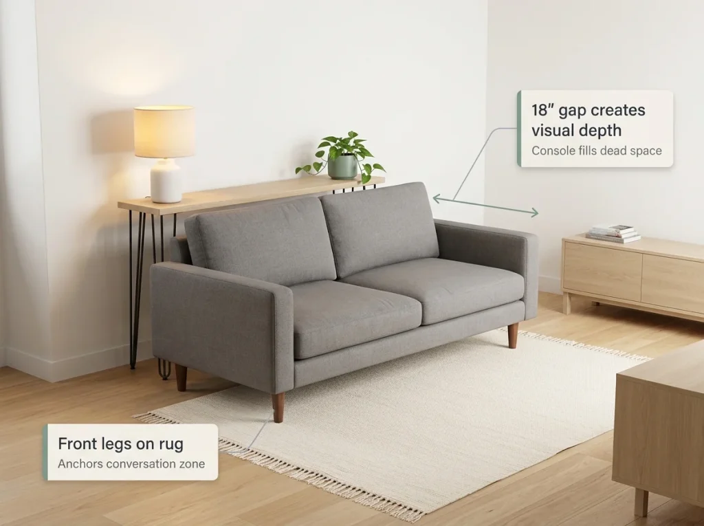 Editorial photo of a small apartment living room with sofa floating 18 inches from wall, narrow console table filling the gap, 5x8 rug anchoring the seating zone