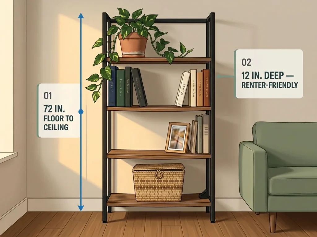 Small living room accent wall with floor-to-ceiling freestanding narrow bookshelf, organized shelves, trailing plant, sofa corner visible for scale