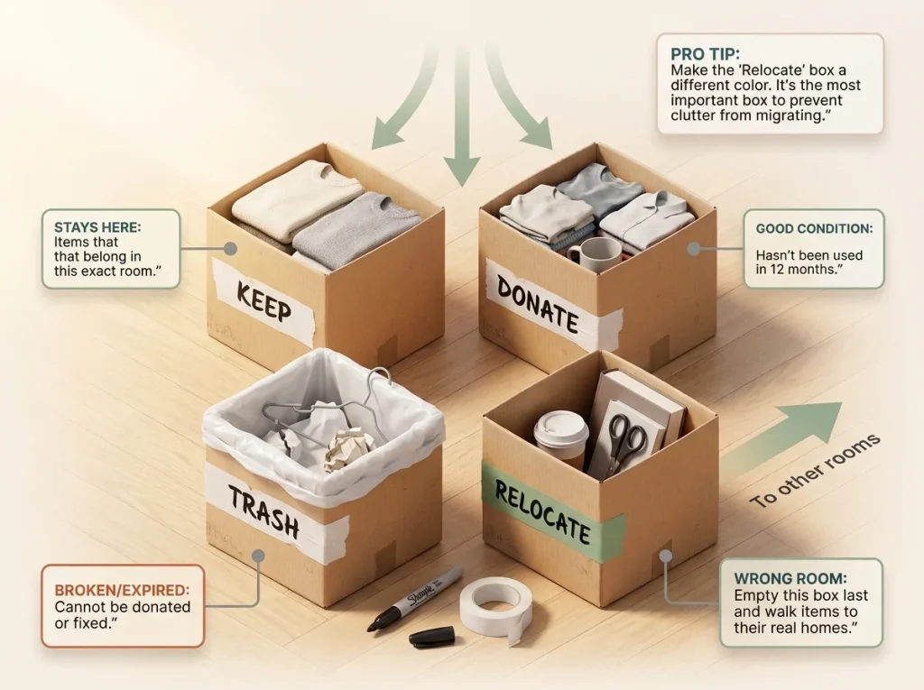 Infographic showing the four-box decluttering method with labeled keep, donate, trash, and relocate boxes on a wood floor