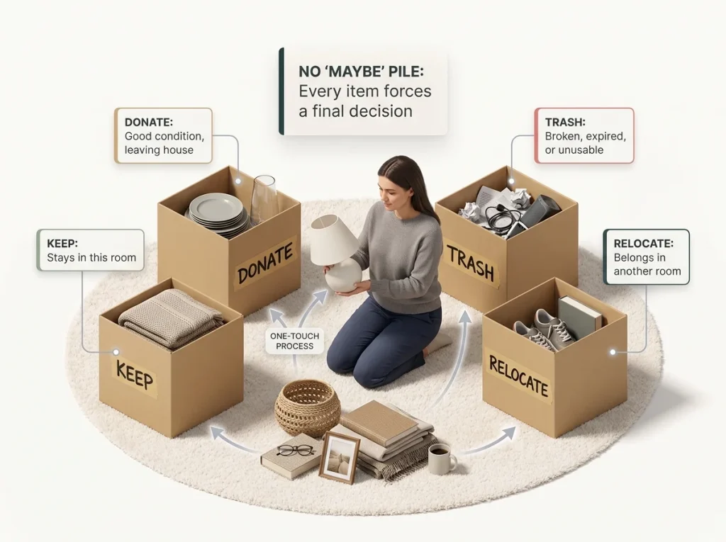 8 Decluttering Methods That Work Past the First Week 8 Infographic showing a woman kneeling and sorting household items using the four-box decluttering method