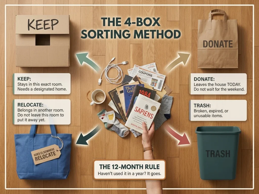 Infographic showing the four-box sorting method with labeled keep, donate, trash, and relocate zones
