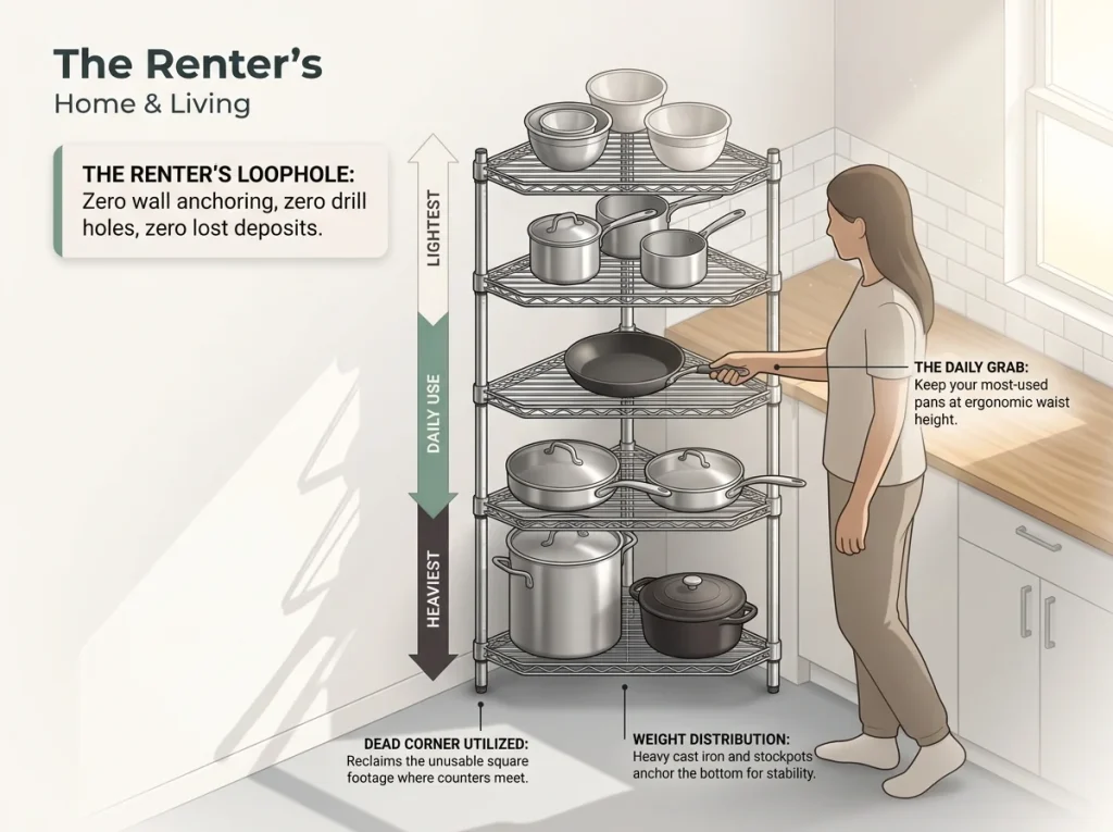 Infographic showing a freestanding 5-tier corner rack for cookware, ideal for renters unable to drill holes