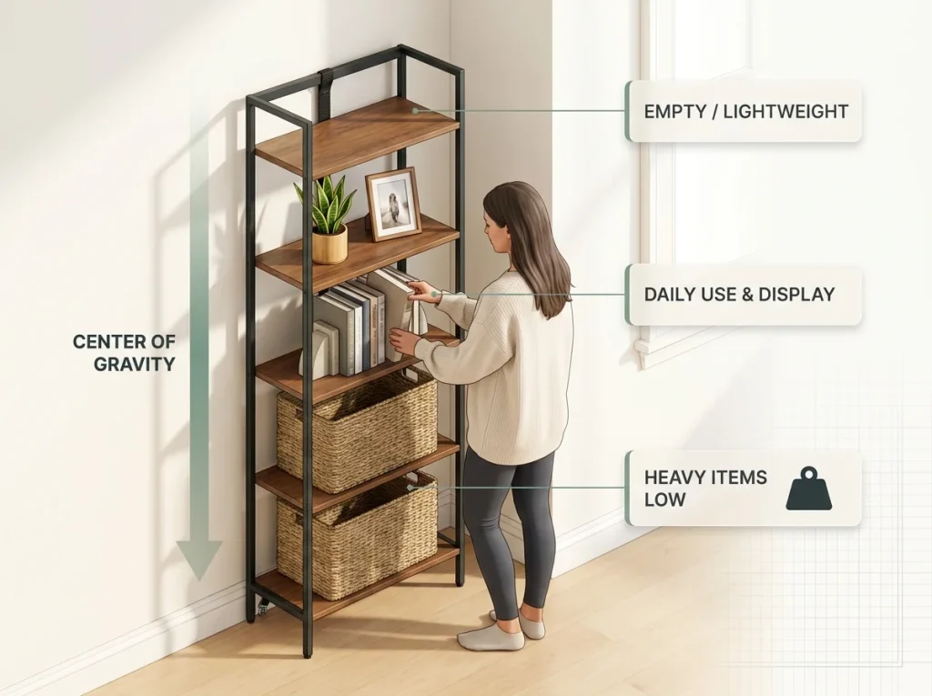 Infographic showing proper loading zones for a 5-tier narrow apartment bookshelf with an anti-tip strap anchored to the baseboard