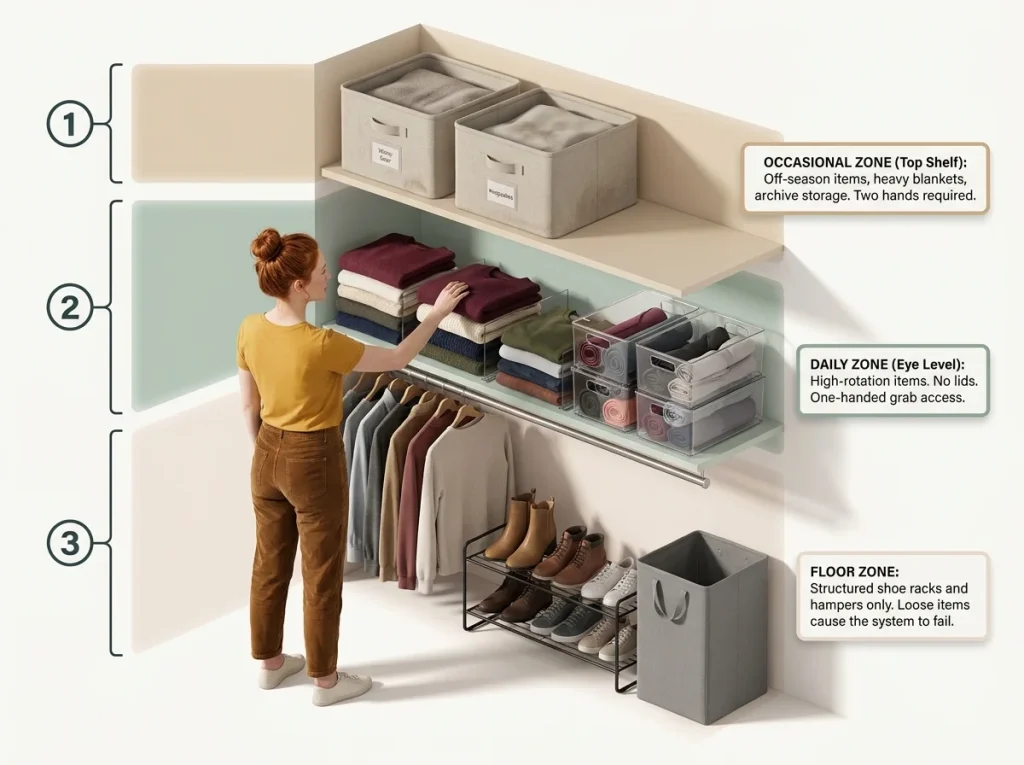 Why Your Closet Shelf Piles Keep Falling Over 8 Infographic showing frequency-based closet zones with eye-level daily wear, top shelf storage, and floor shoe rack