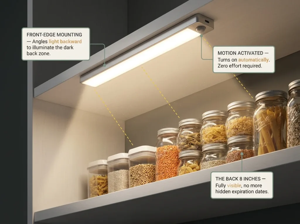 Infographic showing motion-sensor LED light strip mounted under the front shelf edge illuminating the back pantry zone