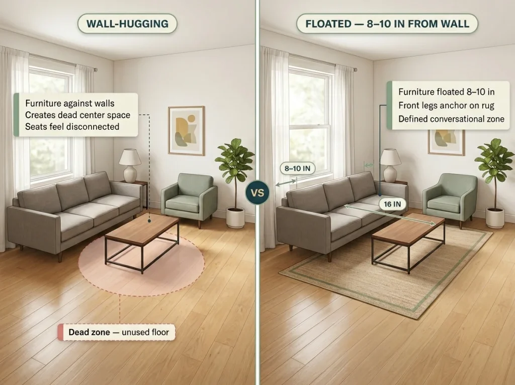 Before-and-after infographic comparing small living room with furniture against walls vs floated 8–10 inches with rug anchor and conversational grouping