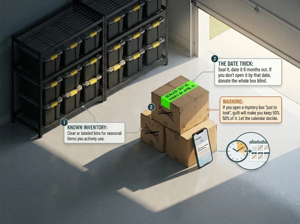 Infographic showing how to organize garage storage using the box-and-date method for mystery boxes