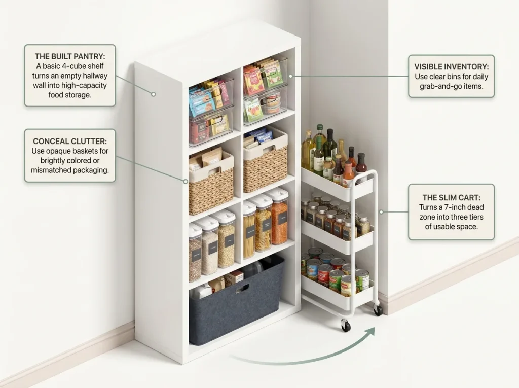 Infographic showing a hallway nook converted into a pantry using a cube shelf and a slim rolling cart