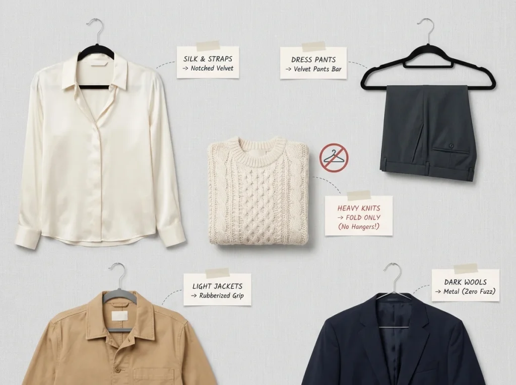 5 Slim Hangers Tested — One Freed 11 Inches of Rod 14 Infographic flat-lay showing the correct hanger pairing for silk, trousers, heavy knits, jackets, and wools