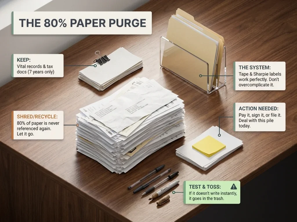 Infographic showing how to purge home office papers with Keep, Shred, and Action piles