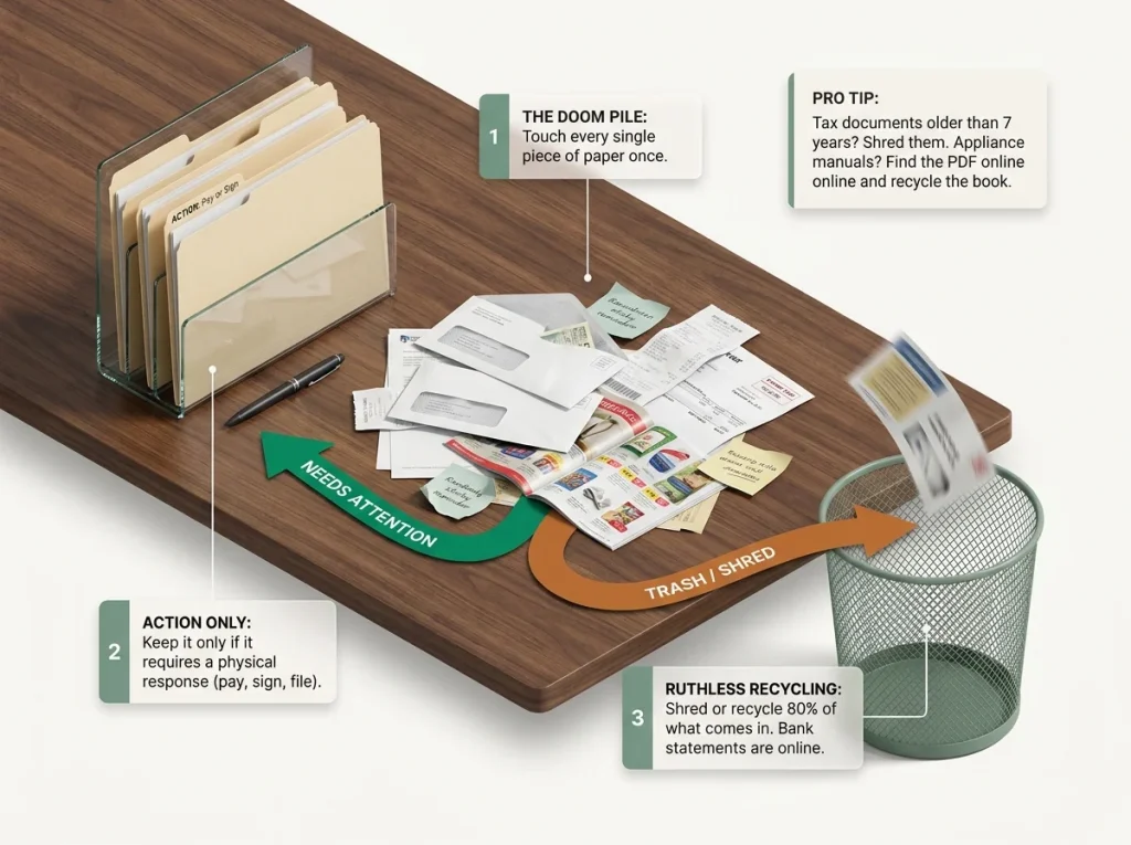Infographic showing how to clear paper clutter from a desk into action and recycle categories
