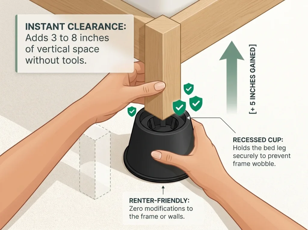 Infographic showing hands installing a heavy-duty plastic bed riser under a platform bed leg to increase clearance