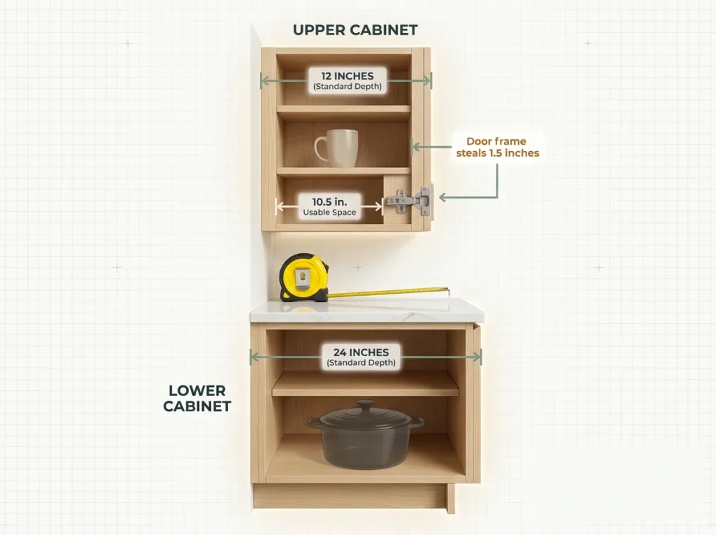 Infographic showing cross-section of upper and lower kitchen cabinets with labeled depths, usable space, and door clearances