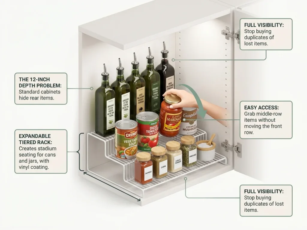 Infographic showing hands using an expandable tiered shelf rack inside a standard 12-inch apartment kitchen cabinet