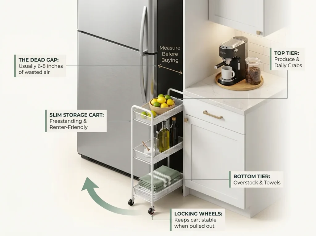Infographic showing a slim rolling storage cart filling the dead space between a kitchen cabinet and refrigerator