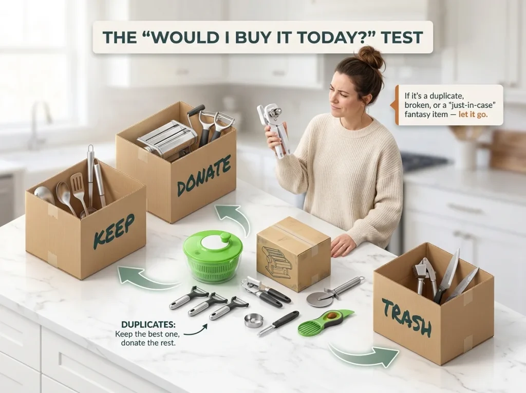 Infographic showing the kitchen gadget sorting process with Keep, Donate, and Trash boxes and decision criteria