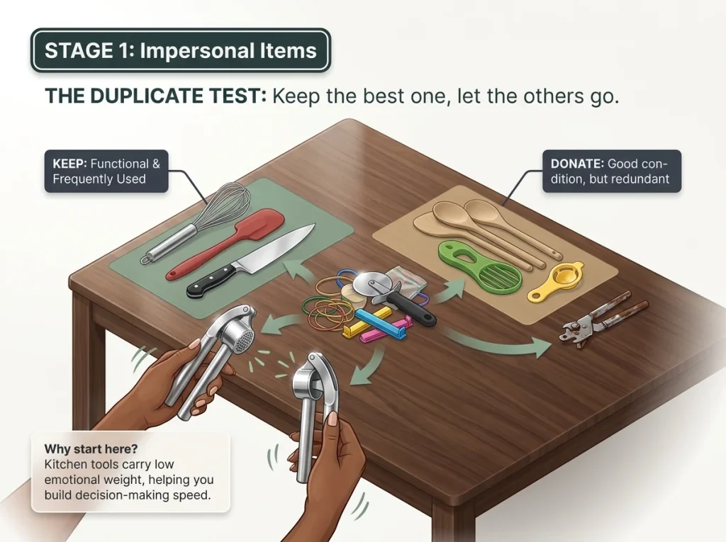 Infographic showing the first step of Swedish death cleaning with kitchen gadgets sorted into keep and donate zones