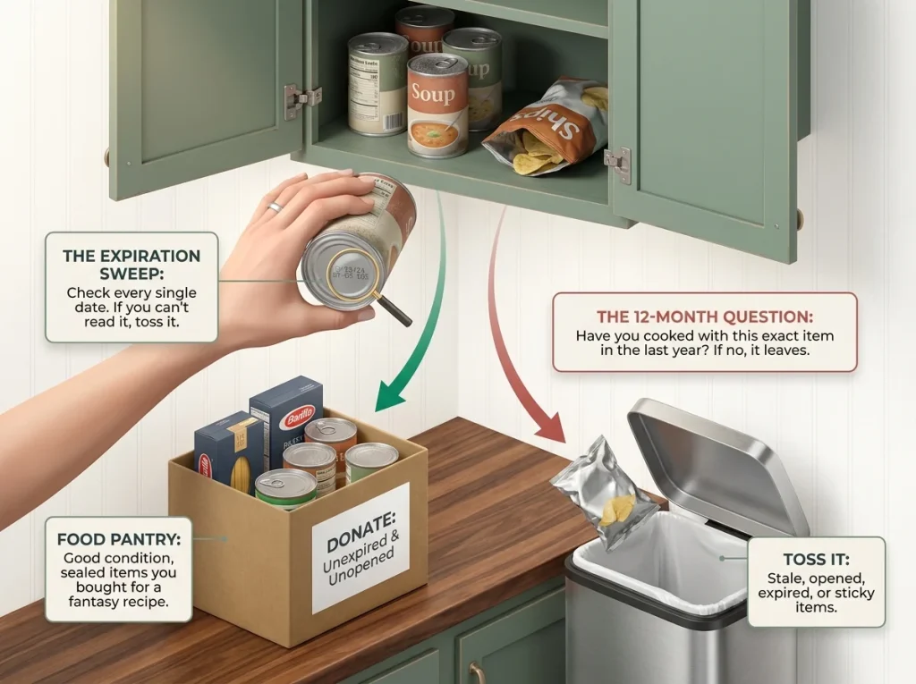 Infographic showing the kitchen decluttering process with donate and trash bins for expired items
