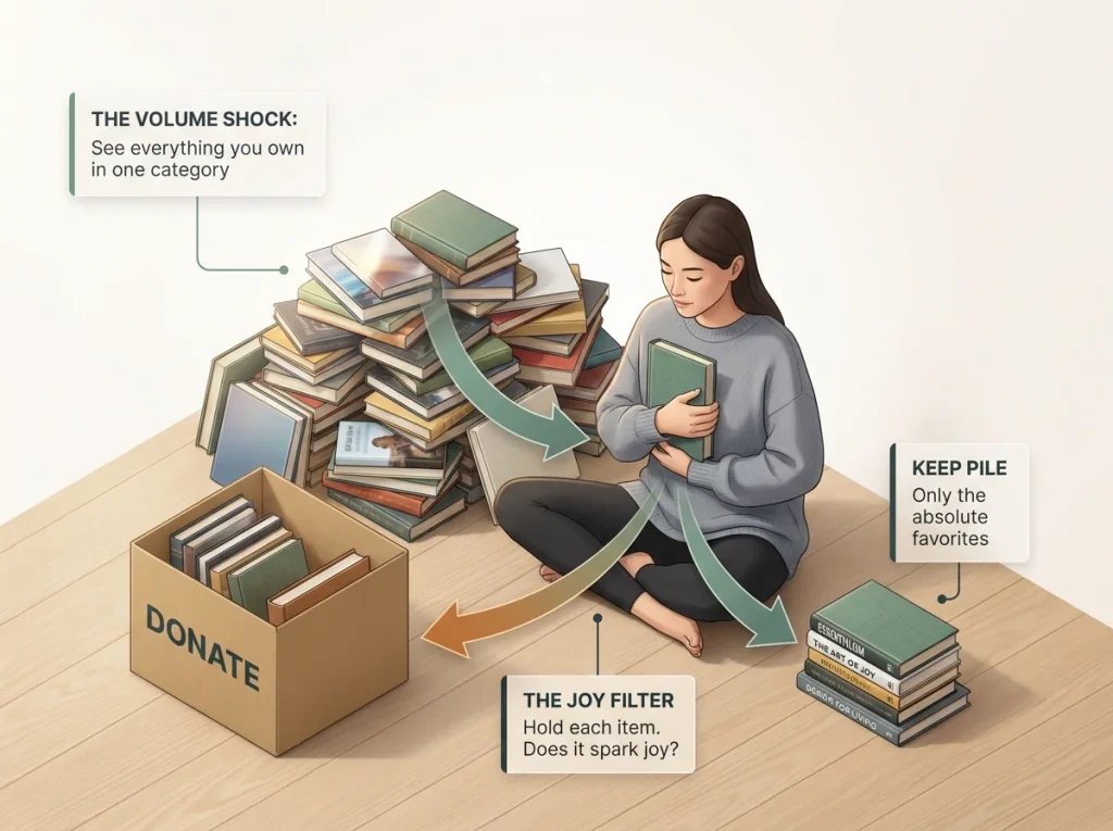 8 Decluttering Methods That Work Past the First Week 4 Infographic showing the KonMari method of sorting all books in a single pile to assess joy and volume