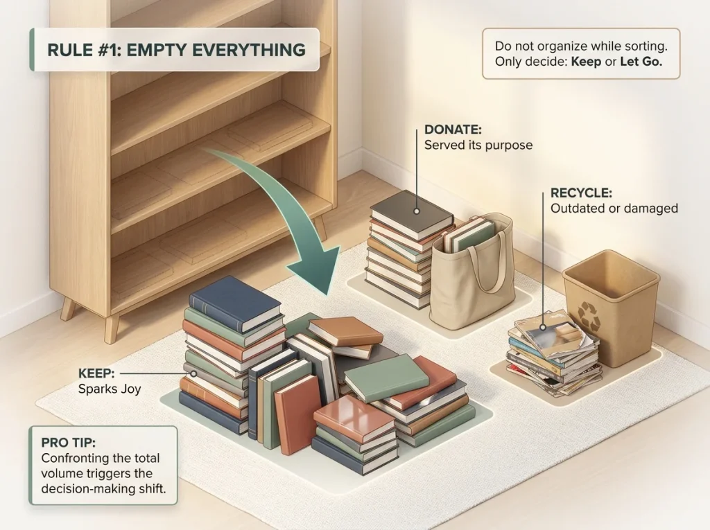 KonMari Method in 6 Steps (and How to Actually Finish) 2 Infographic showing KonMari category sorting method with empty bookshelf and three categorized book piles on floor