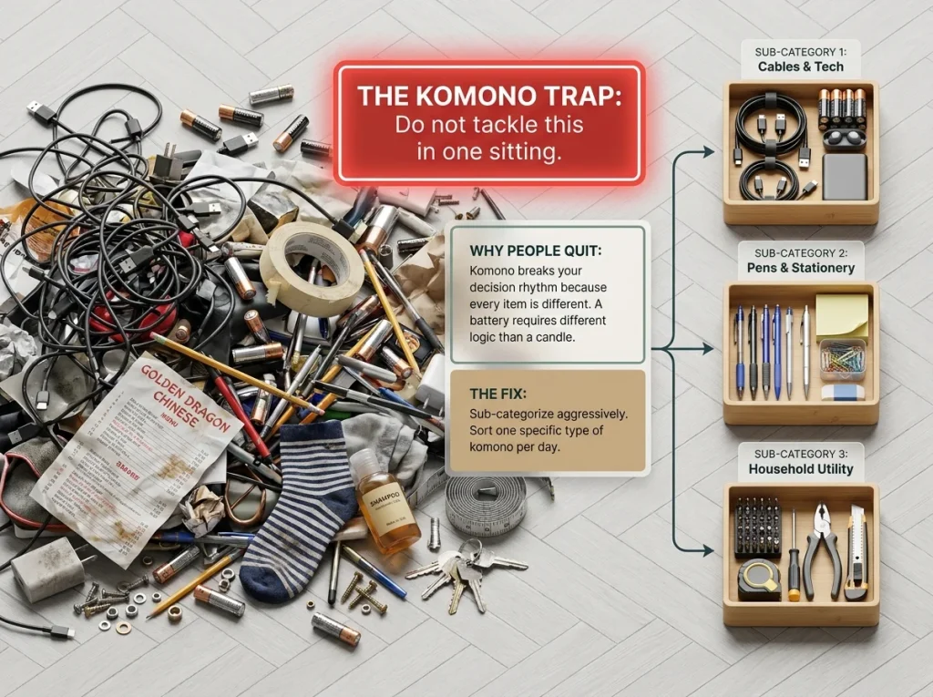 KonMari Method in 6 Steps (and How to Actually Finish) 10 Infographic showing the overwhelming scale of the KonMari komono category with various miscellaneous household items on the floor
