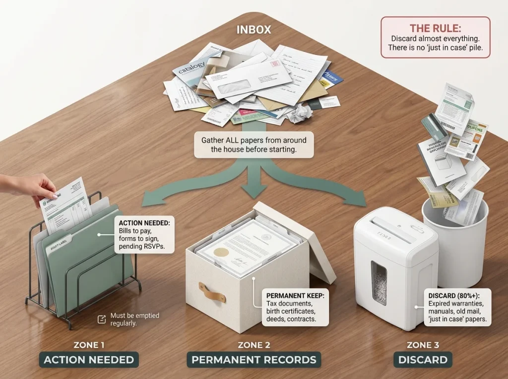 KonMari Method in 6 Steps (and How to Actually Finish) 6 Infographic showing the 3-zone KonMari paper sorting system with keep, action-needed, and discard piles on a table
