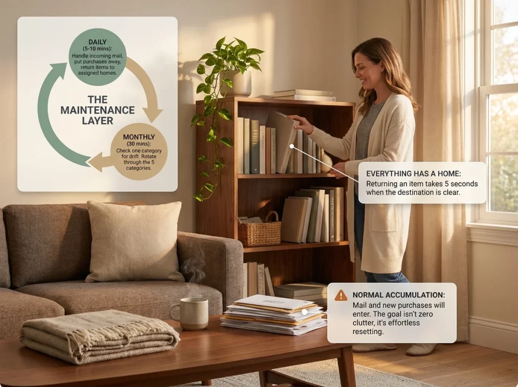 KonMari Method in 6 Steps (and How to Actually Finish) 12 Infographic showing post-KonMari maintenance with a woman returning a book to an organized shelf in a lived-in room