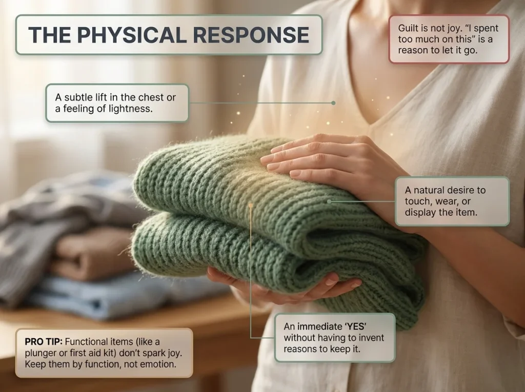 KonMari Method in 6 Steps (and How to Actually Finish) 4 Infographic showing the KonMari spark joy test with a woman evaluating a sage green sweater and emotional response indicators