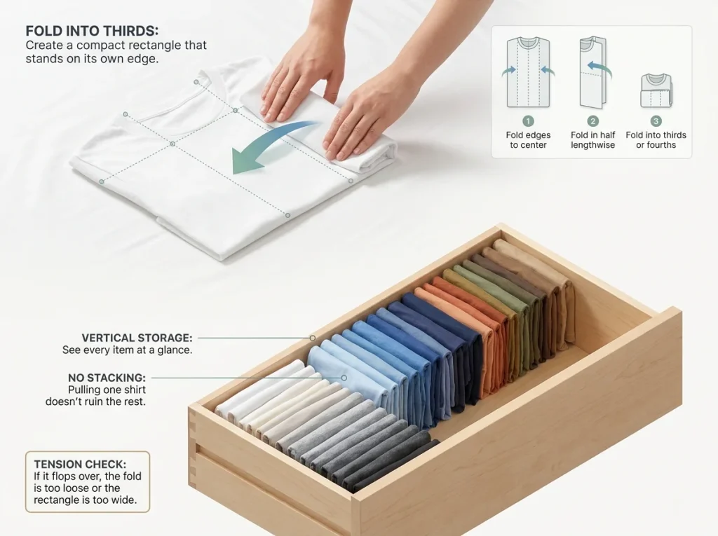 KonMari Method in 6 Steps (and How to Actually Finish) 8 Infographic showing the KonMari vertical folding method with hands completing a fold and a drawer of upright t-shirts
