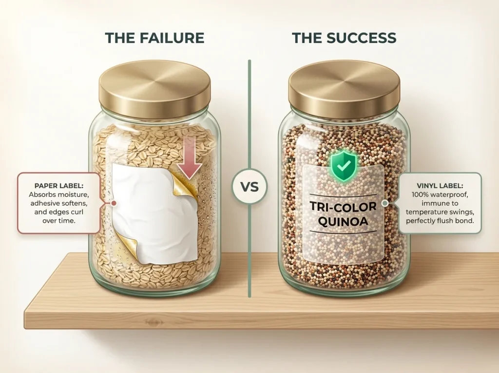 Infographic comparing peeling paper label with moisture damage versus firmly adhered waterproof vinyl label on identical glass pantry jars