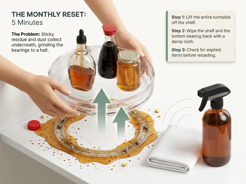 Infographic showing the monthly maintenance reset for a pantry turntable, lifting to reveal hidden sticky residue.
