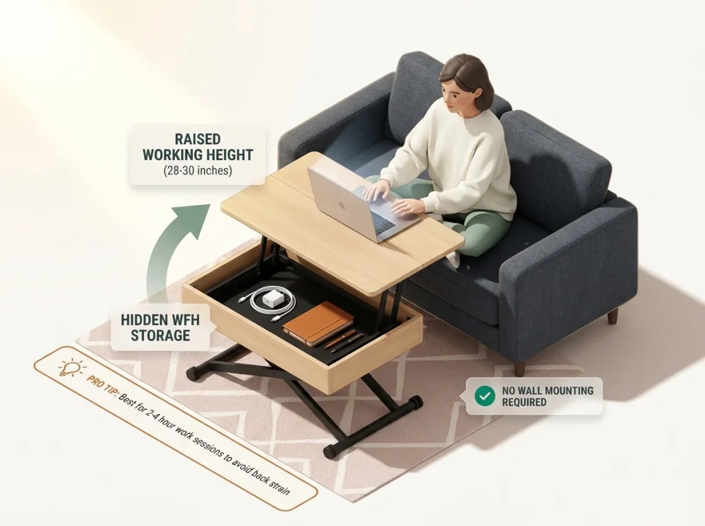 Infographic showing woman using a lift-top coffee table as a work-from-home desk with hidden storage compartment