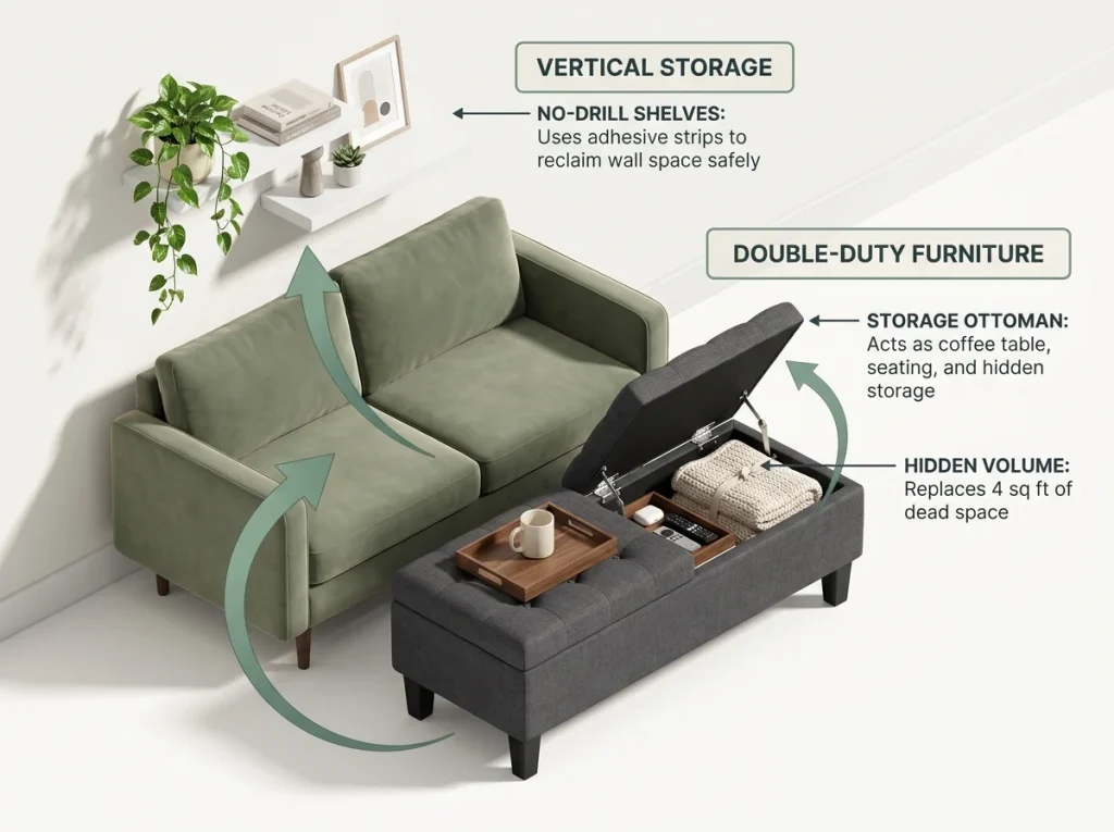 Infographic showing a small apartment living room utilizing a storage ottoman and no-drill floating wall shelves