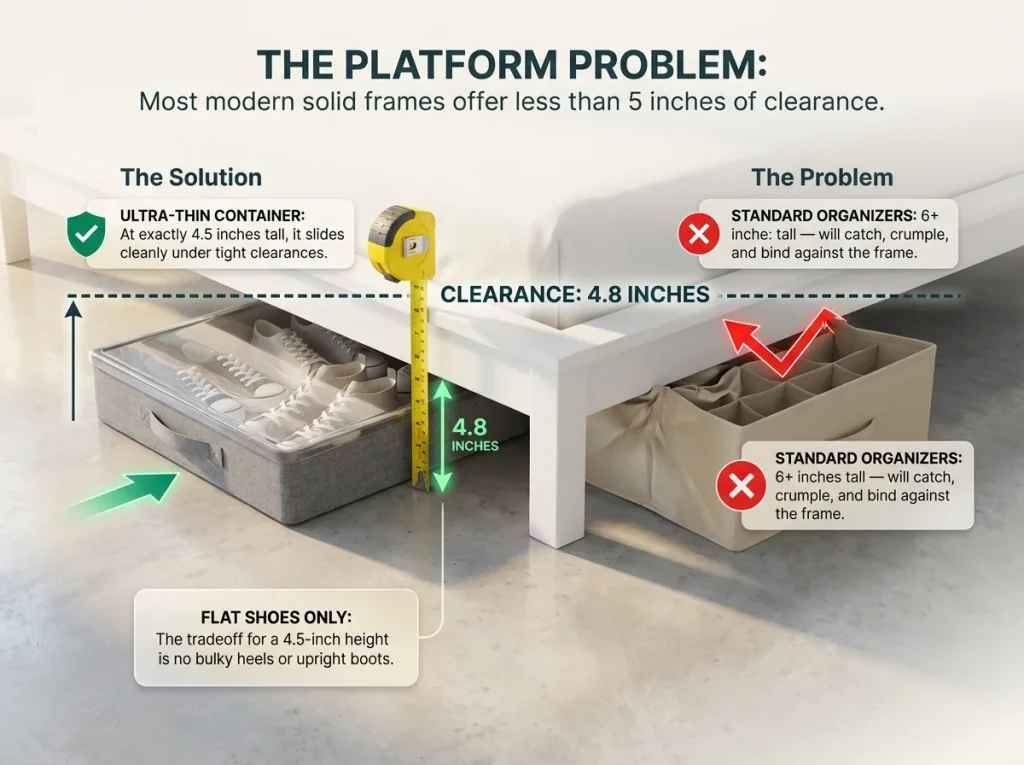 Infographic comparing a low-profile 4.5-inch shoe container fitting under a platform bed versus a standard organizer bumping the frame
